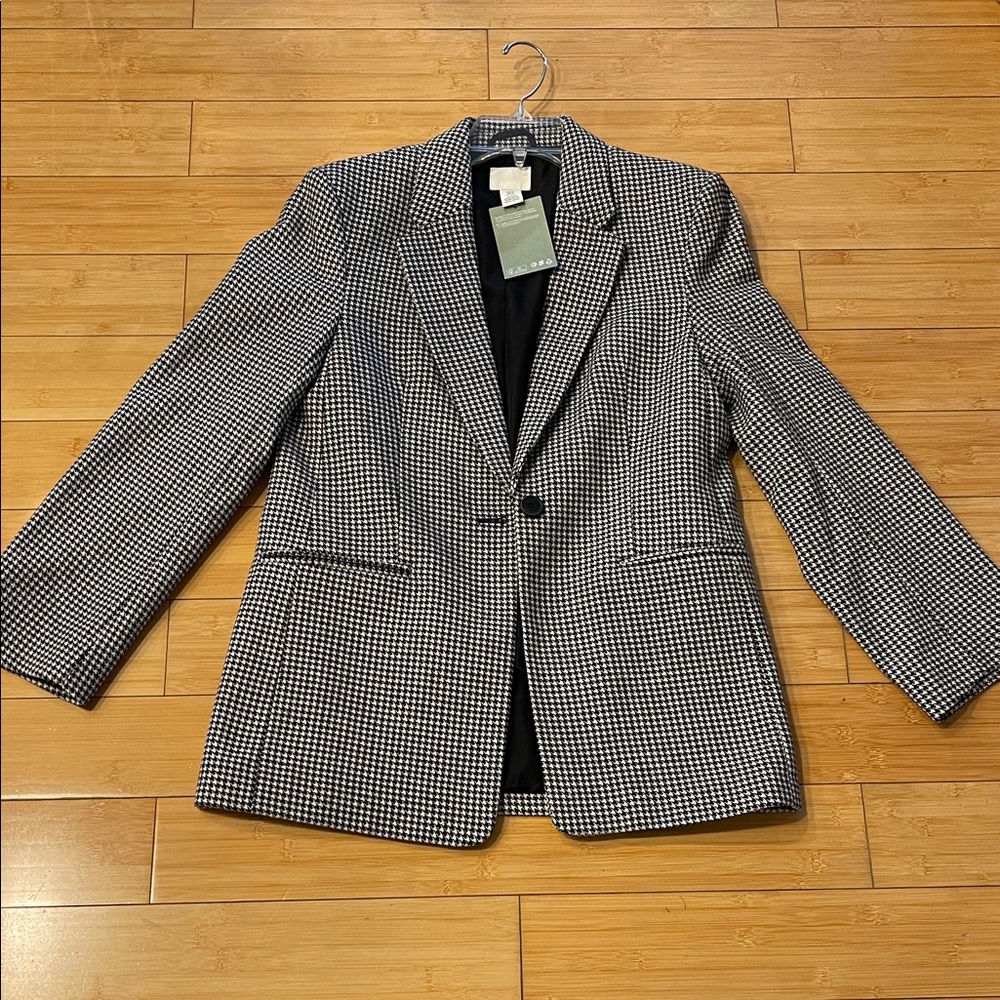 Woman NWT Black and White Houndstooth Blazer One Button Fake Front pocket XS